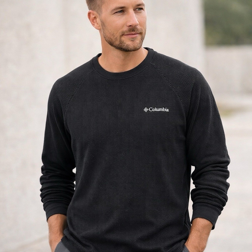 Columbia Omni Wick Pullover Mens XL Black Waffle Knit Crewneck Lightweight Warm
